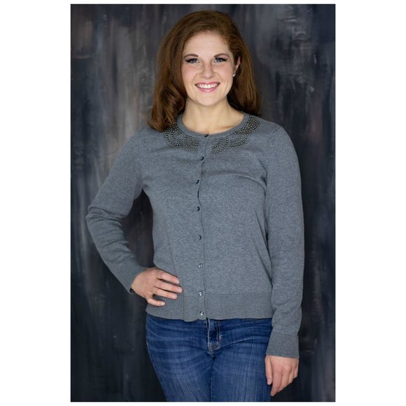 LOFT Sweaters - LOFT Gray Beaded Cardigan Sweater L